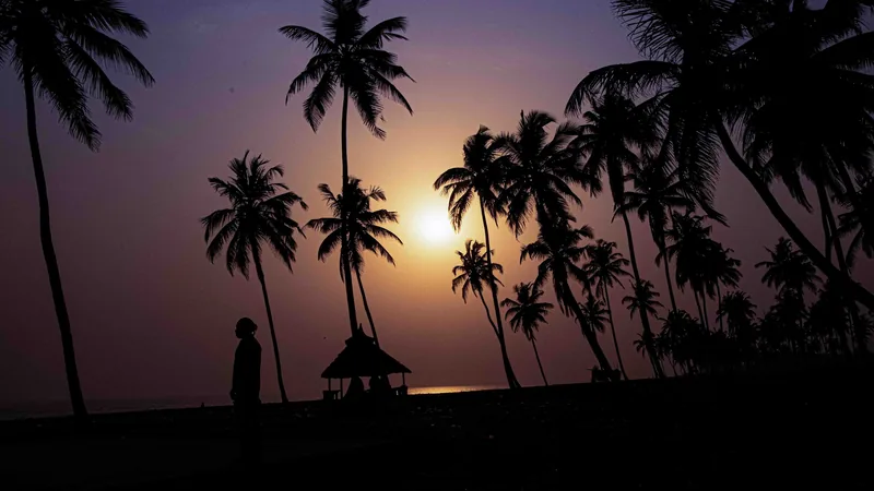 Silhouetted palm trees and a thatched shelter on Point of No Return Beach in Badagry at sunset, with a lone figure standing on the sand