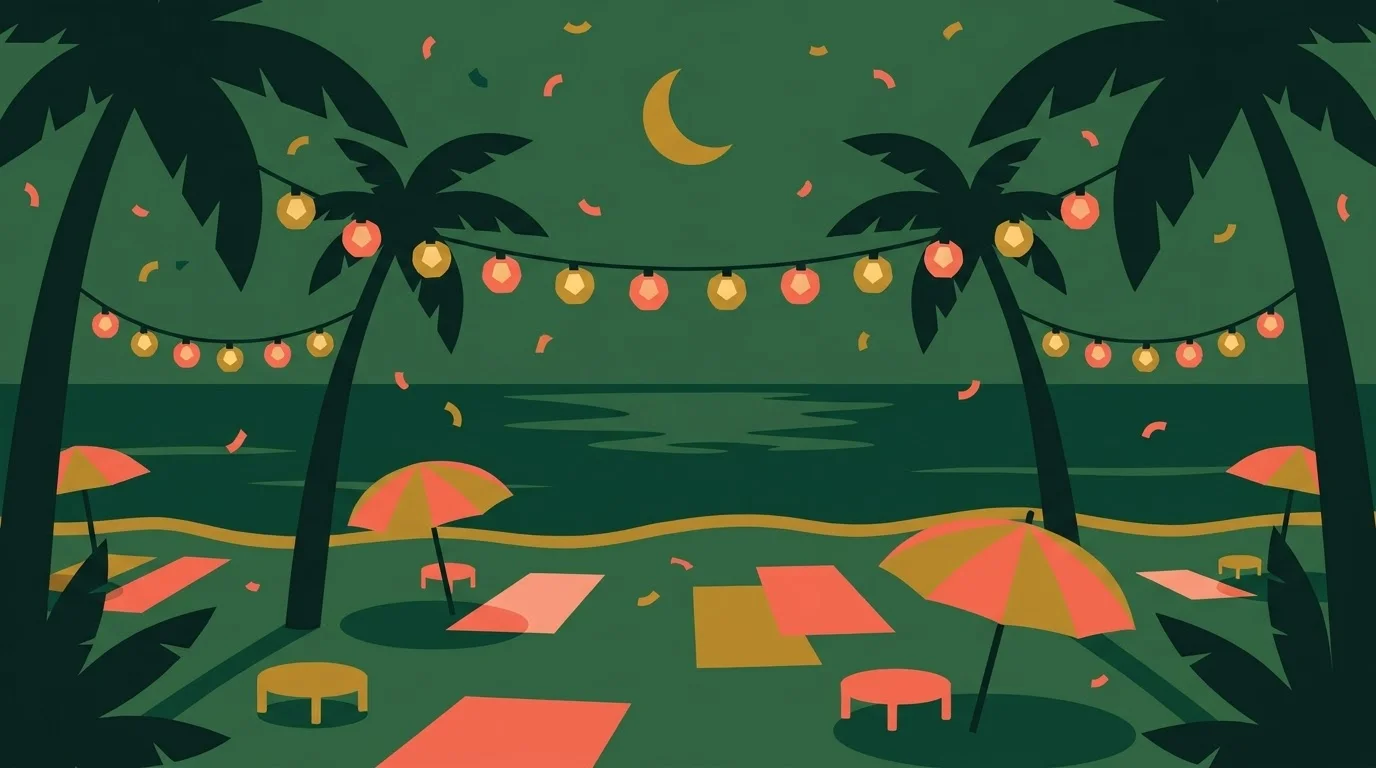 Illustration of an evening beach party under string lights and palm trees