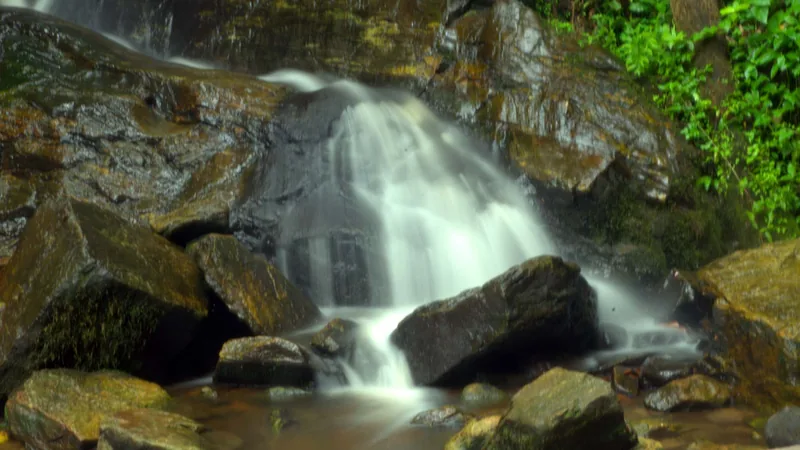 Water cascading over dark, wet, moss-covered rocks into a shallow pool at Erin-Ijesha Waterfalls, Osun State, with green foliage at the top right