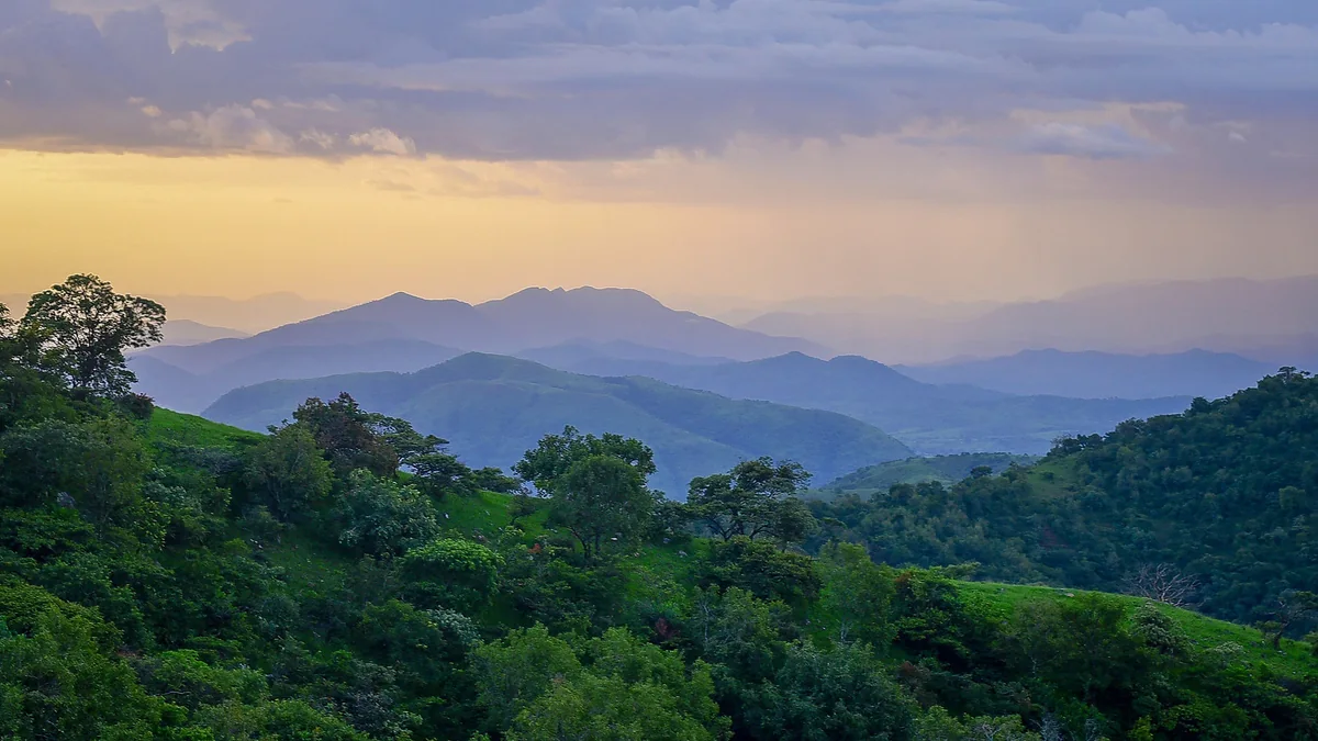 Tree-covered hills in the foreground with layers of distant mountain ridges beneath a cloudy yellow and blue sky.