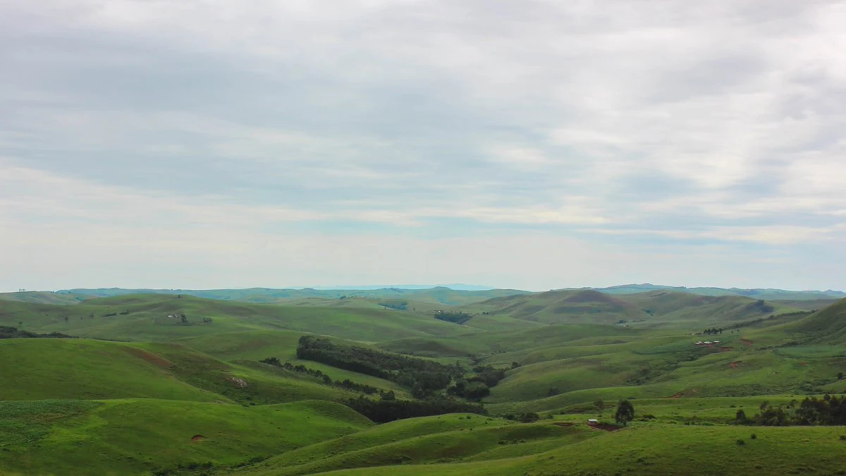 Rolling green hills with scattered trees and small buildings beneath a pale cloudy sky.
